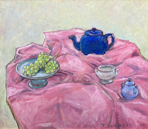 Pink Cloth with Teapots and Grapes