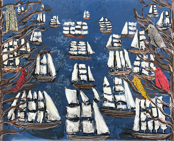 Casey McGlynn artwork 'Five birds suspiciously await the arrival of 24 ships' available at Bau-Xi Gallery Vancouver