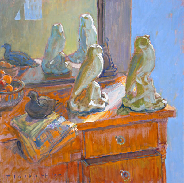 Joseph Plaskett artwork 'Two Owls, Pigeon And Fruit' available at Bau-Xi Gallery Toronto, Ontario