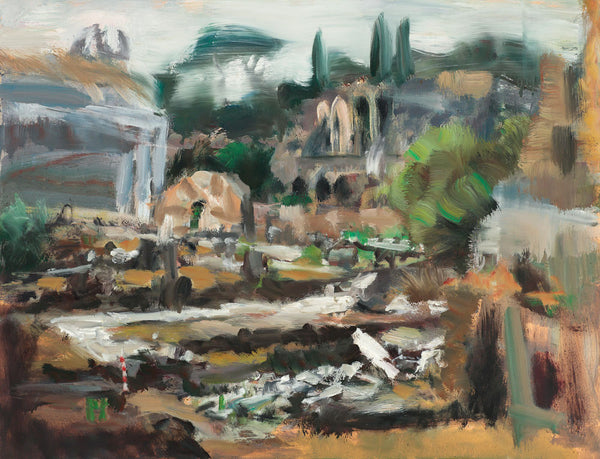 Val Nelson - Under the Umbrella Pines, Oil and Acrylic on Panel, Floating in Dark Brown Frame, - Bau-Xi Gallery