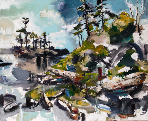 Cori Creed Artwork | Colorful, vibrant, expressive abstract West Coast landscape and seascape oil painting of trees, mountains, and water.