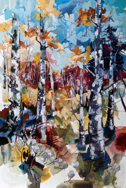 Cori Creed Artwork | Colorful, vibrant, expressive abstract West Coast landscape and seascape oil painting of trees, mountains, and water.