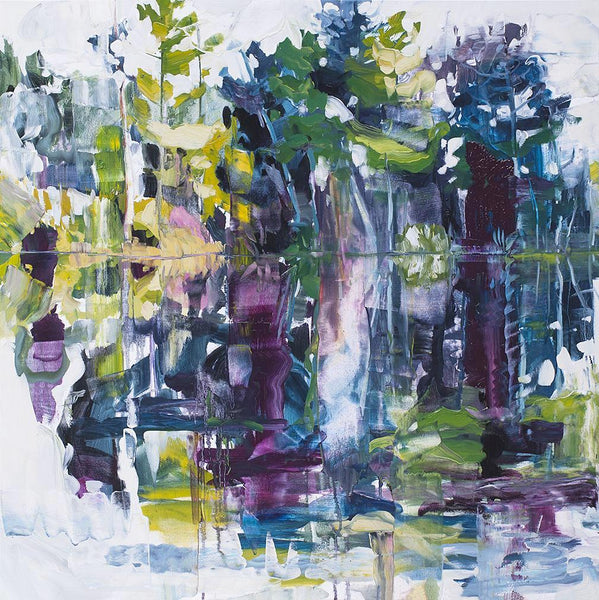 Cori Creed Artwork | Colorful, vibrant, expressive abstract West Coast landscape and seascape oil painting of trees, mountains, and water.