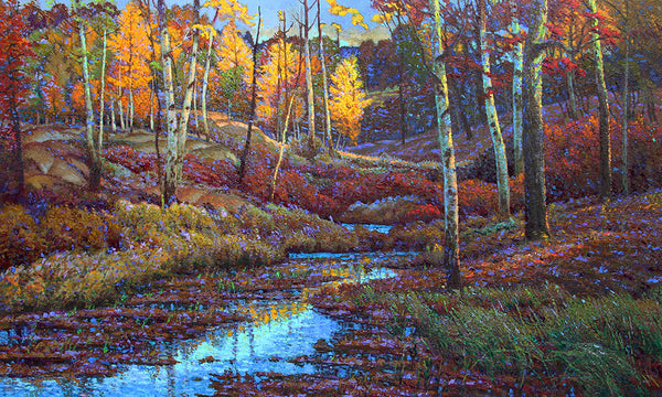 Shi Le Artwork | Colourful, detailed, impressionistic landscape paintings of trees and bodies of water.