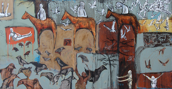 Casey McGlynn Artwork | Colourful, symbolic, and autobiographical mixed media paintings that depict music icons, horses, boats, and numbers.