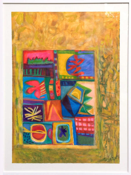 Sylvia Tait - Talking Boxes and Whispers, Acrylic on Archival Paper, Framed in White with Glass, - Bau-Xi Gallery