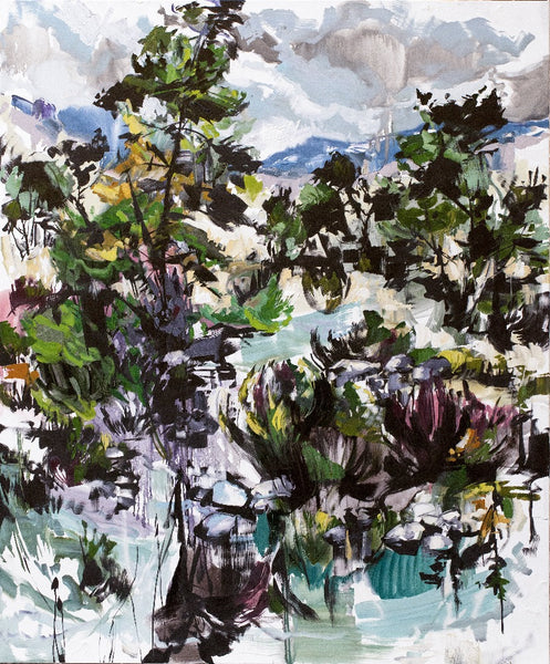 Cori Creed Artwork | Colorful, vibrant, expressive abstract West Coast landscape and seascape oil painting of trees, mountains, and water.