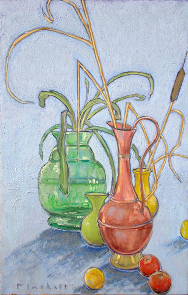 Joseph Plaskett artwork 'Bulrush & 3 Apples/4 Vases & 4 Apples' available at Bau-Xi Gallery Toronto, Ontario