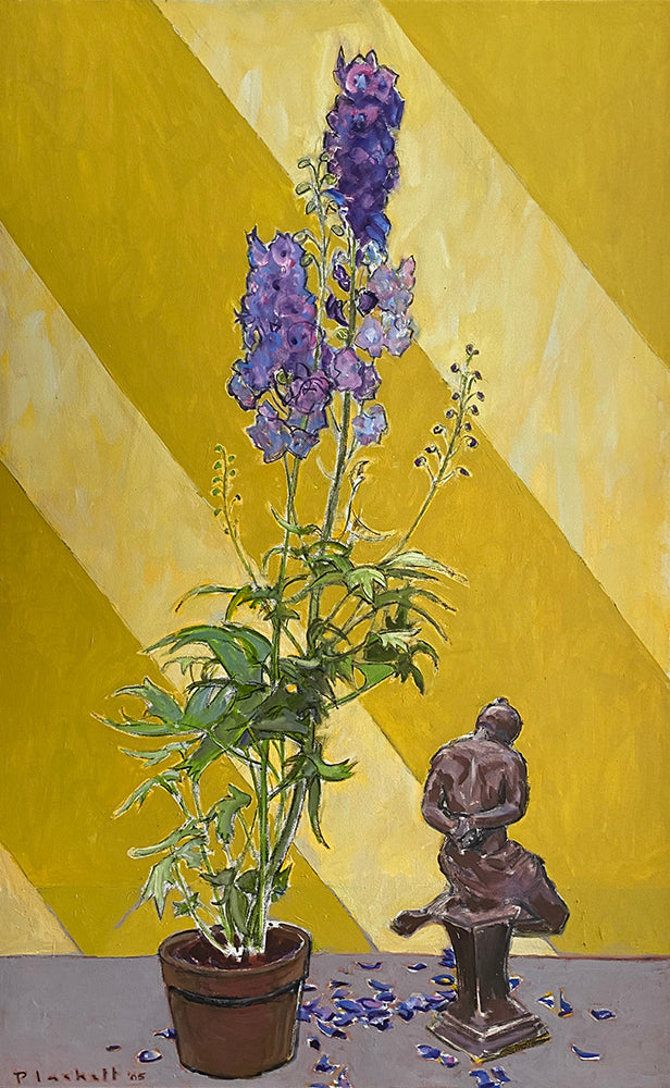 Joseph Plaskett artwork 'Delphinium & Sculpture (17)' available at Bau-Xi Gallery Toronto, Ontario