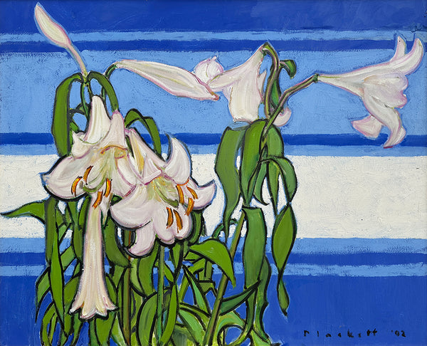 Joseph Plaskett artwork 'White Lily on Blue' available at Bau-Xi Gallery Toronto, Ontario