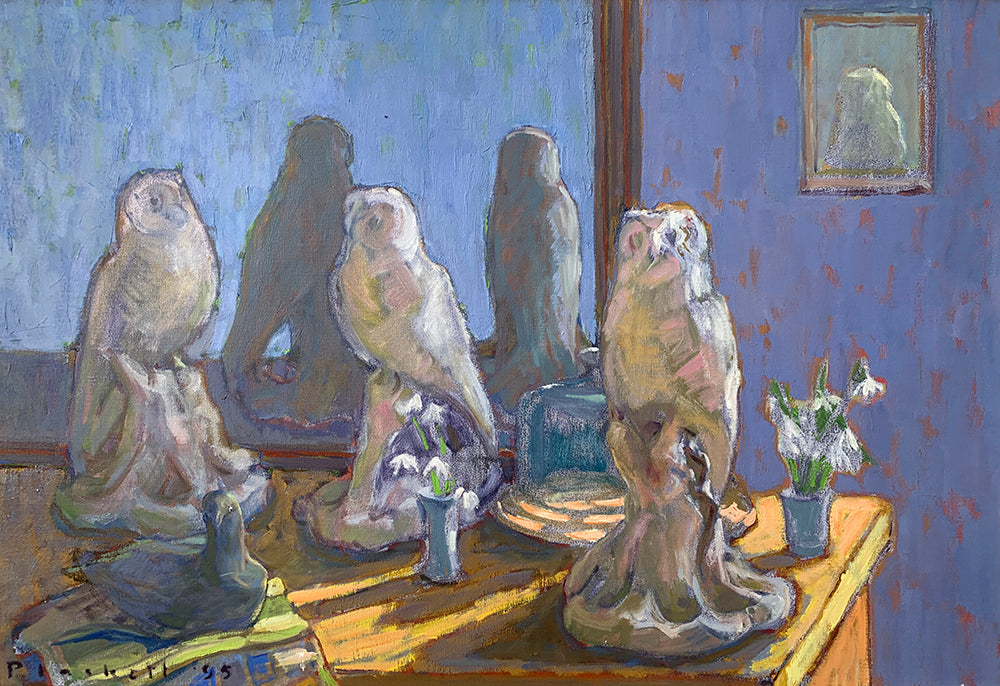 Joseph Plaskett artwork 'Three Owls, Pigeons and Snowdrops' available at Bau-Xi Gallery Toronto, Ontario