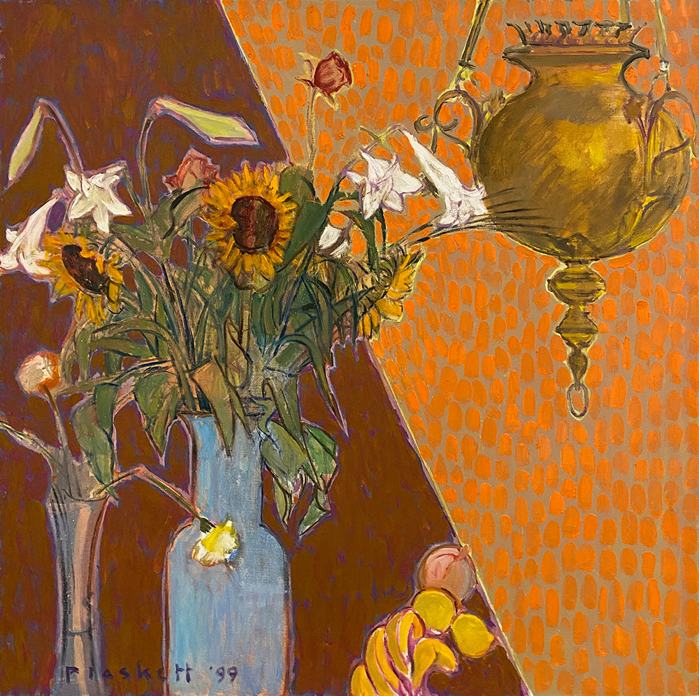 Joseph Plaskett artwork 'Flowers, Fruit and Lamp, Orange' available at Bau-Xi Gallery Toronto, Ontario