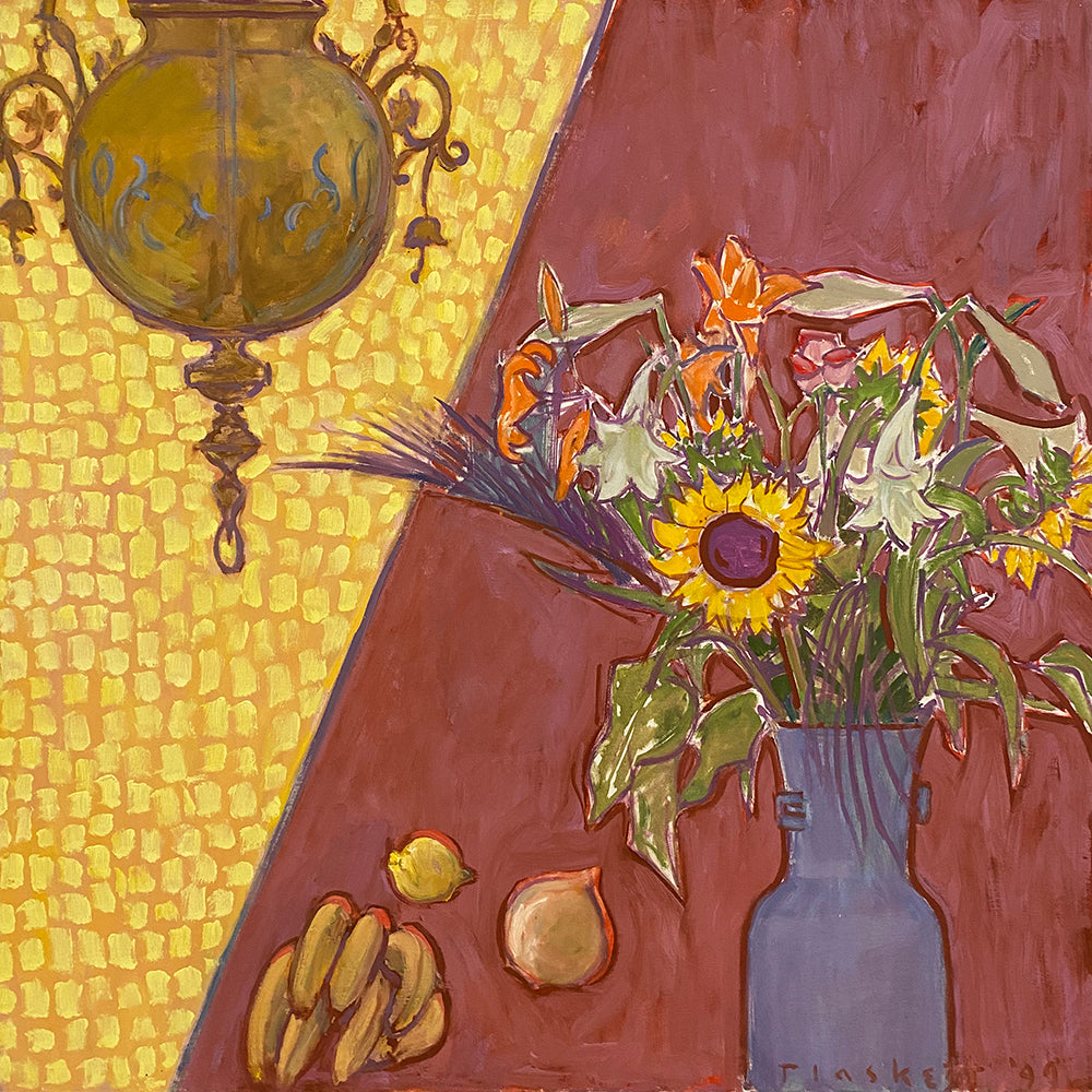 Joseph Plaskett artwork 'Flowers, Fruit and Lamp, Yellow' available at Bau-Xi Gallery Toronto, Ontario