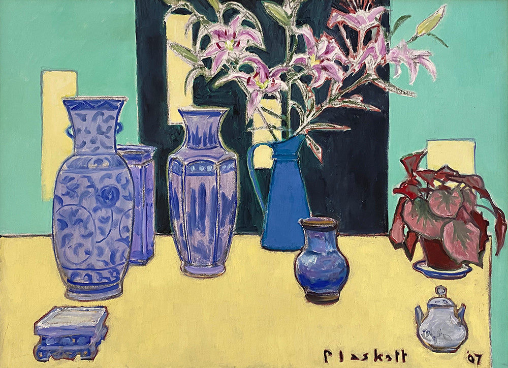 Joseph Plaskett artwork 'Blue Vessels and Lily (1) Green and Yellow' available at Bau-Xi Gallery Toronto, Ontario