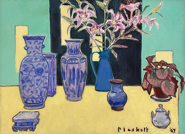 Joseph Plaskett artwork 'Blue Vessels and Lily (1) Green and Yellow' available at Bau-Xi Gallery Toronto, Ontario