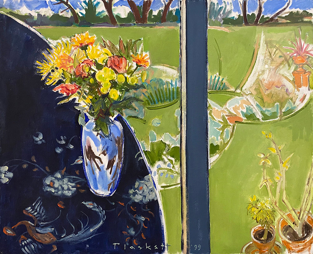 Joseph Plaskett artwork 'Table with Flower, Window and Garden' available at Bau-Xi Gallery Toronto, Ontario