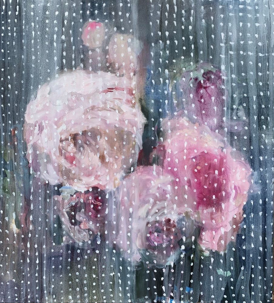 Darlene Cole artwork 'Dance in a Storm (roses behind vintage curtain)' available at Bau-Xi Gallery Toronto, Ontario