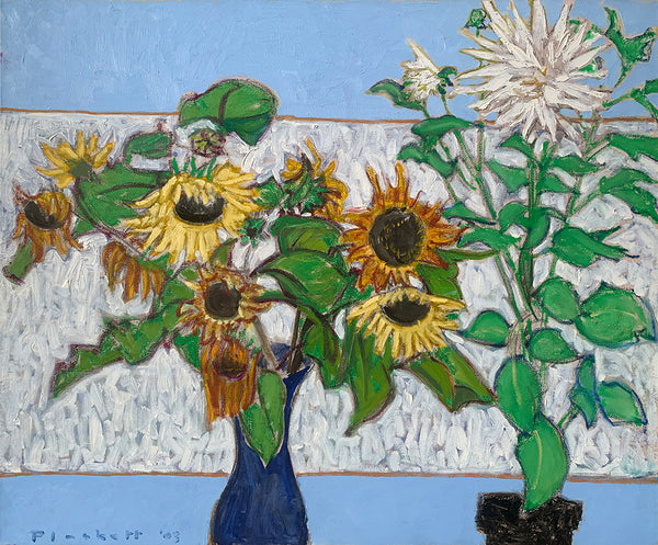 Joseph Plaskett artwork 'Two Dahlias on Blue and White' available at Bau-Xi Gallery Toronto, Ontario