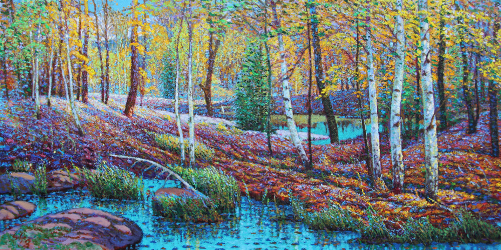 Shi Le Artwork | Colourful, detailed, impressionistic landscape paintings of trees and bodies of water.