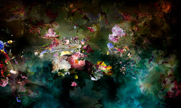 Isabelle Menin | Avant Que Le Monde Ne Fut Roi 02 | Colourful, dramatic, painterly, abstract composite photographs of flowers and fruit.