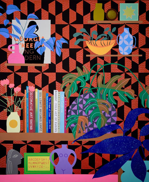 Mary Finlayson artwork 'Quilted Tapestry with Books and Plants' available at Bau-Xi Gallery Toronto, Ontario