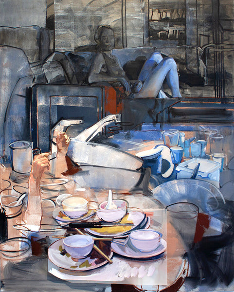 Adrienne Dagg Artwork | Colourful and vibrant contemporary figurative paintings in domestic interiors.